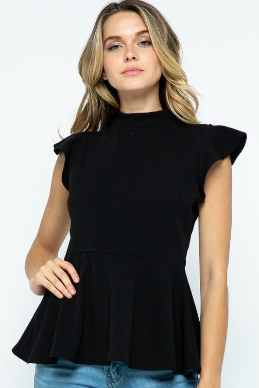 Mock Neck Top with Ruffle Cap Sleeve