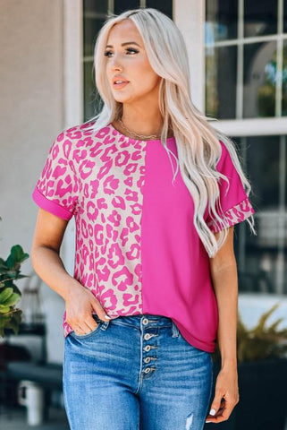 Pink Leopard Colorblock Top