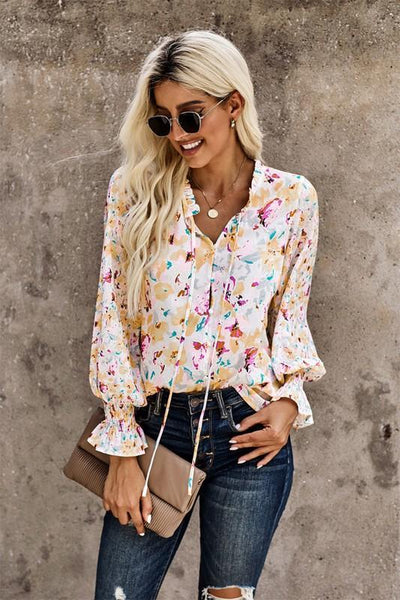 Floral Smocked Blouse with Tie Neck