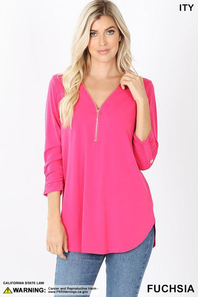 Front Zip 3/4 Sleeve Top