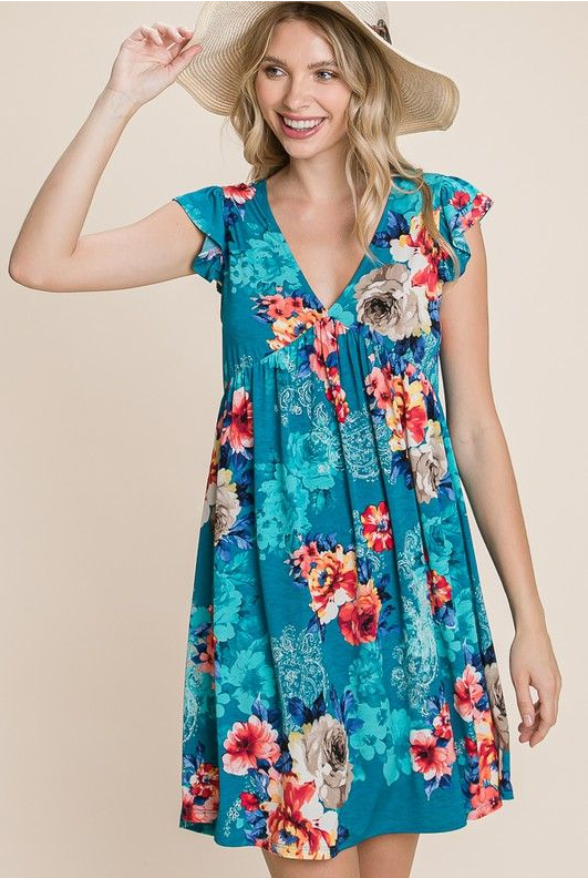 Floral V Neckline Swing Dress