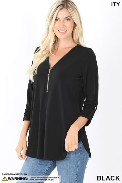 Front Zip 3/4 Sleeve Top