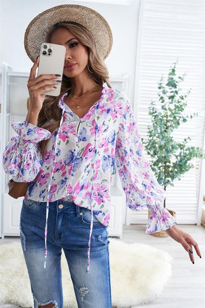 Floral Smocked Blouse with Tie Neck