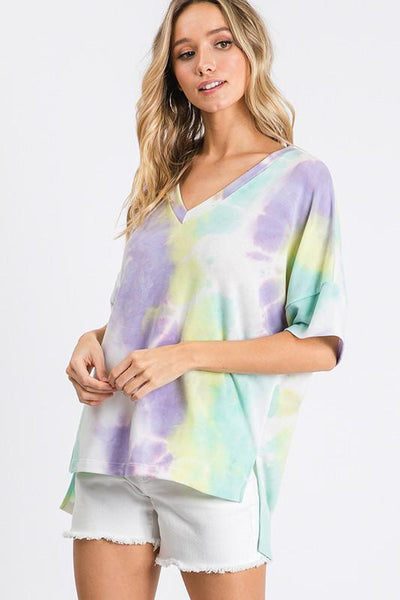 Tie Dye V- Neck Top with Side Slits