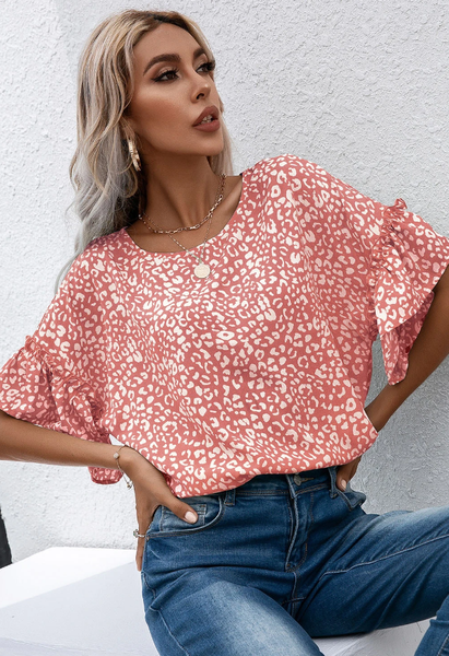 Pink Leopard Frill Ruffle Blouse