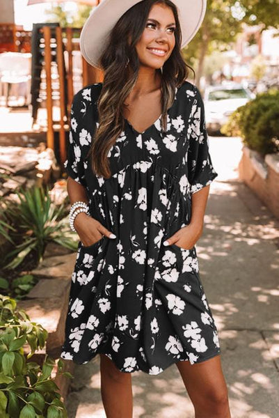 V Neck Floral Baby Doll Dress