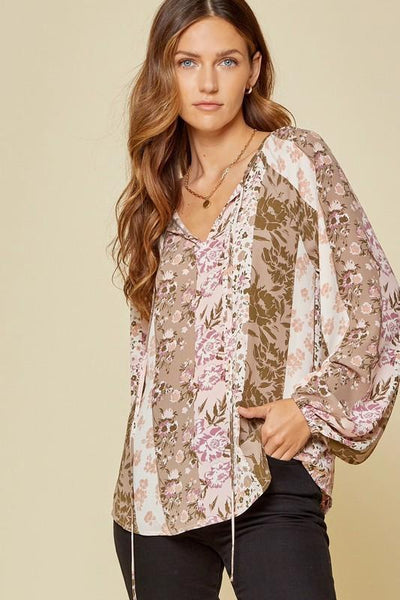 Floral Blouse with Tie Neck