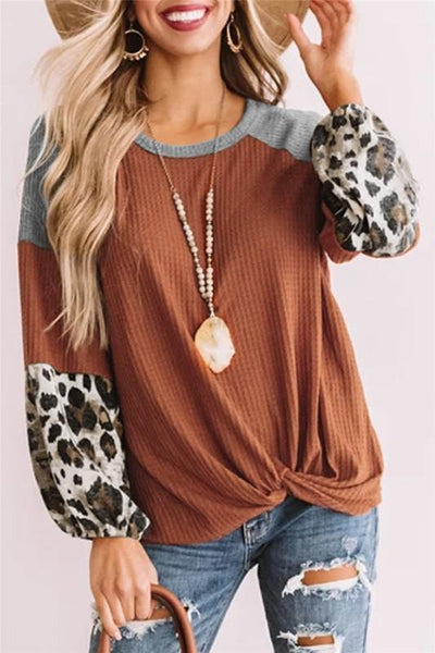 Waffle Knit Top with Leopard Detail Sleeves