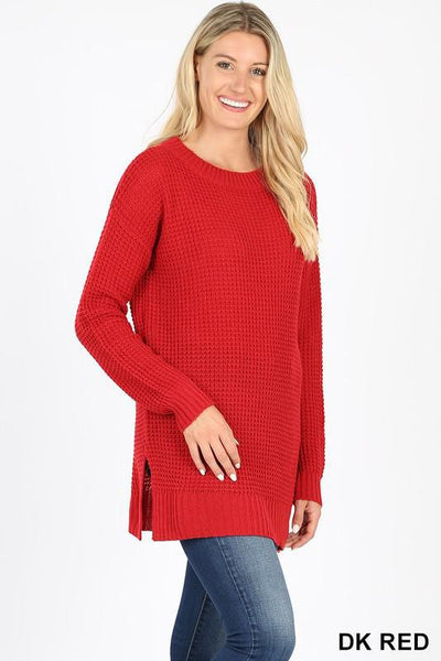 Long Sleeve Waffle Knit Sweater with Side Slit