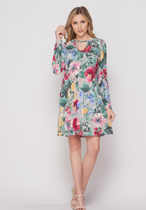 Long Sleeve Floral Dress with Key Hole Neckline