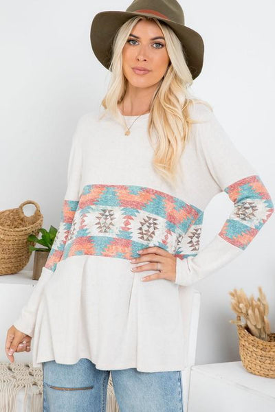 Aztec Color Block Brushed Sweater