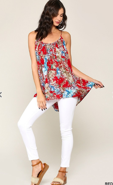 Floral Print Drawstring Neck Tank