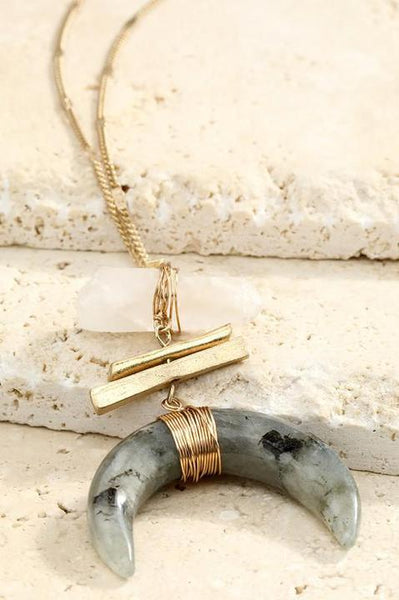 Natural Stone Crescent Horn and Metal Accent Pendant Necklace