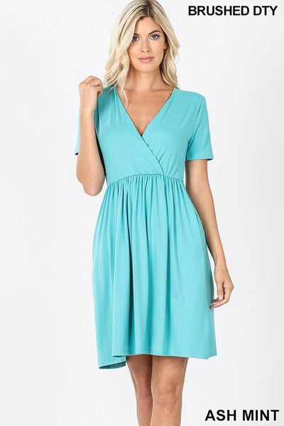 Short Sleeve Surplice Dress with Elastic Waist