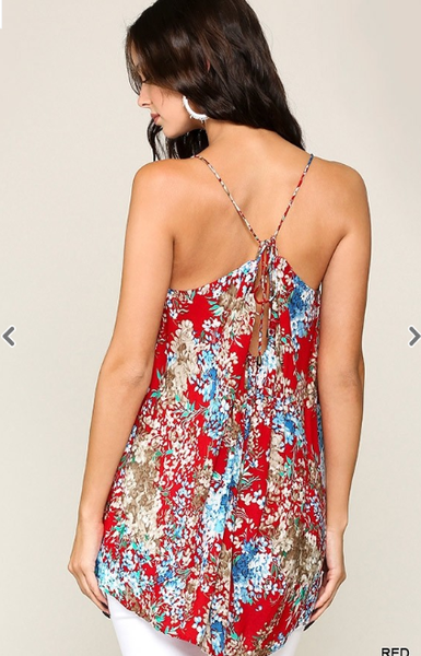 Floral Print Drawstring Neck Tank