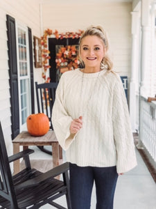 Cable Knit Pullover Sweater with Bell Sleeves