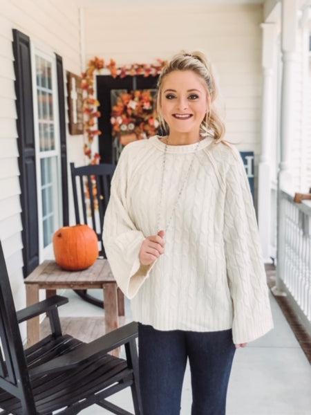 Cable Knit Pullover Sweater with Bell Sleeves