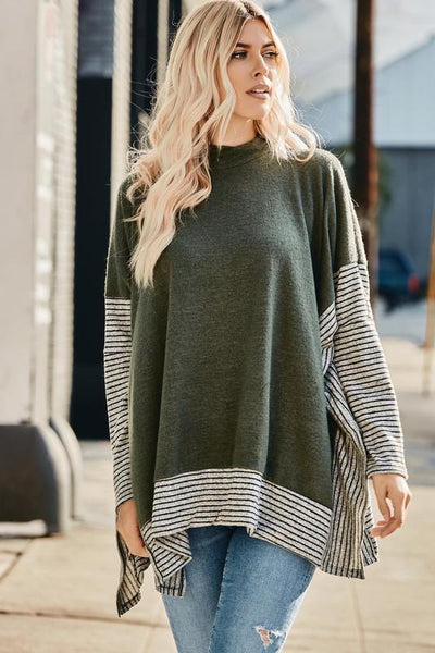 Poncho with Striped Contrast Hem