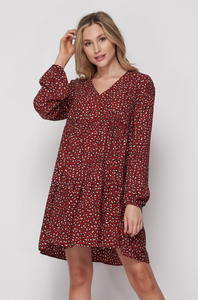 Rust and Navy Print Long Sleeve Dress