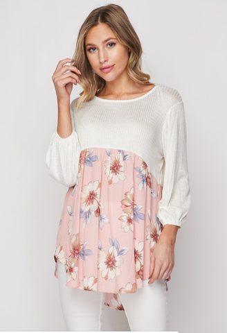 Ivory Waffle Net Top with Floral Hem