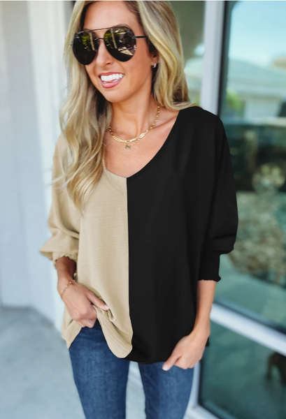 V Neck Cuff Sleeve Blouse