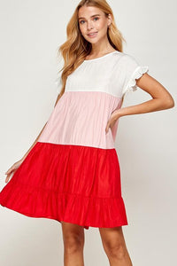 Color Block Ruffled Short Sleeve Dress