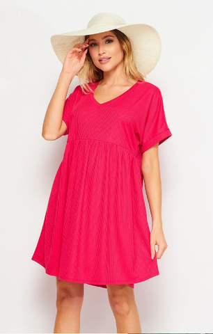 Ribbed V Neck Baby Doll Dress