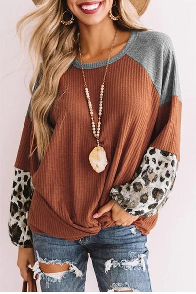 Waffle Knit Top with Leopard Detail Sleeves