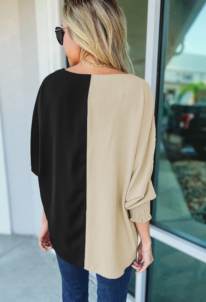 V Neck Cuff Sleeve Blouse