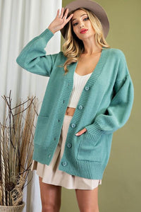 Long Body Puff Sleeve Knit Cardigan