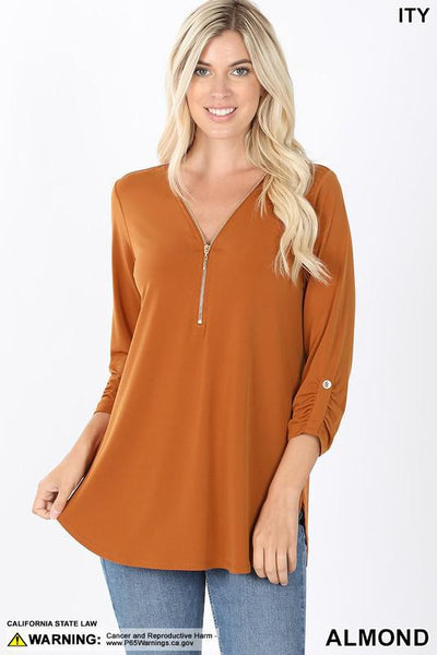 Front Zip 3/4 Sleeve Top