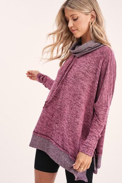 Long Sleeve Cowl Neck with Contrast Hem